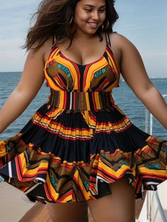 Maxy Plus Size Mini Dress Beach Multicolor Ankara V Neck Swimwear Fabric Dresses Printed Vintage Spaghetti Strap Sexy Dress