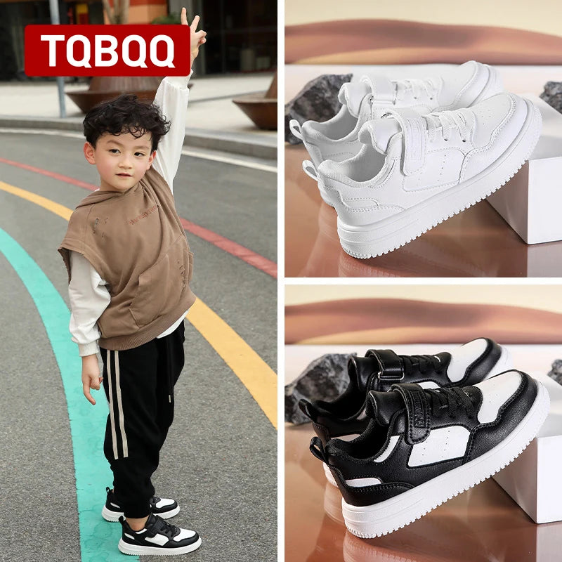 Babs Black White Color Flat Sneakers for Boy and Girl Casual Leather Sports Shoes Mesh Children Students Shoes