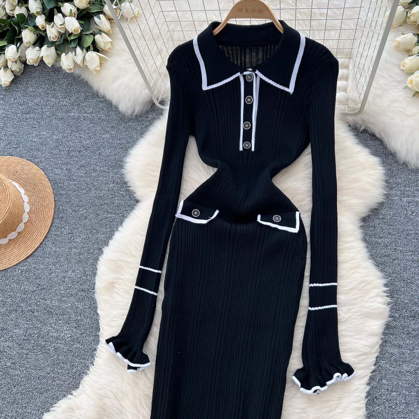 Macy French Vintage Knitted Dress Women Lapel Long Sleeved Slim Bodycon Dresses Ladies Slim Elegant Spring Autumn Long Robe Vestidos