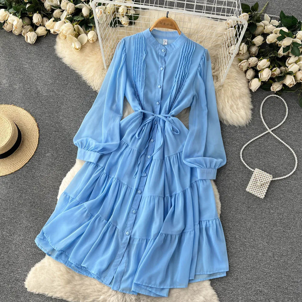 Maxy Spring Autumn Women Purple/Yellow/Blue Draped Chiffon Midi Dress Elegant Stand Collar Single Breasted Lantern Sleeve dress