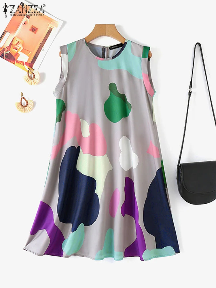 Maxy Summer Holiday Printing Dress Women O-neck Sleeveless Knee Robes 2024 Vintage Loose Tank Sundress Beach Oversize dress