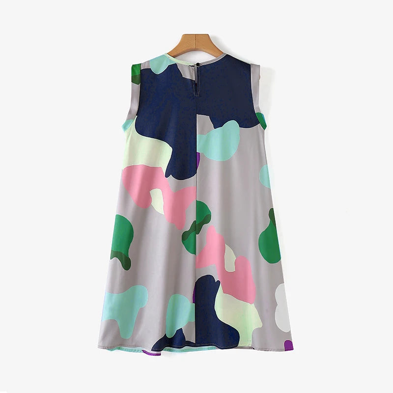 Maxy Summer Holiday Printing Dress Women O-neck Sleeveless Knee Robes 2024 Vintage Loose Tank Sundress Beach Oversize dress