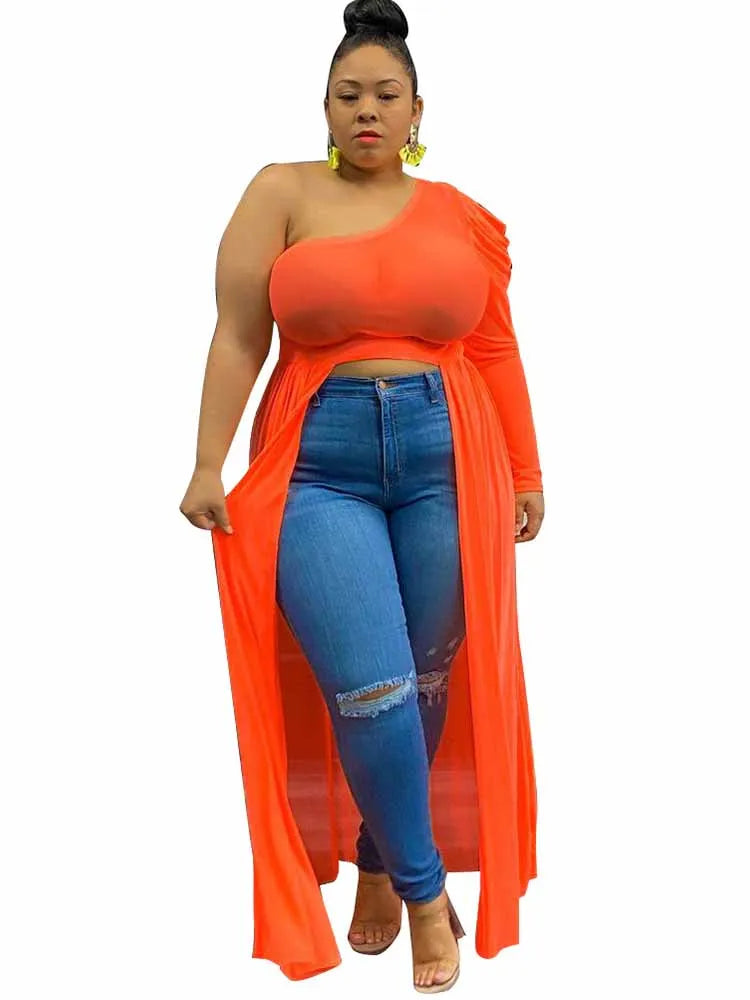 Maxy Plus Size Women Clothing Mesh Top One Shoulder Top Streetwear Transparent Sexy Long Blouse Dress