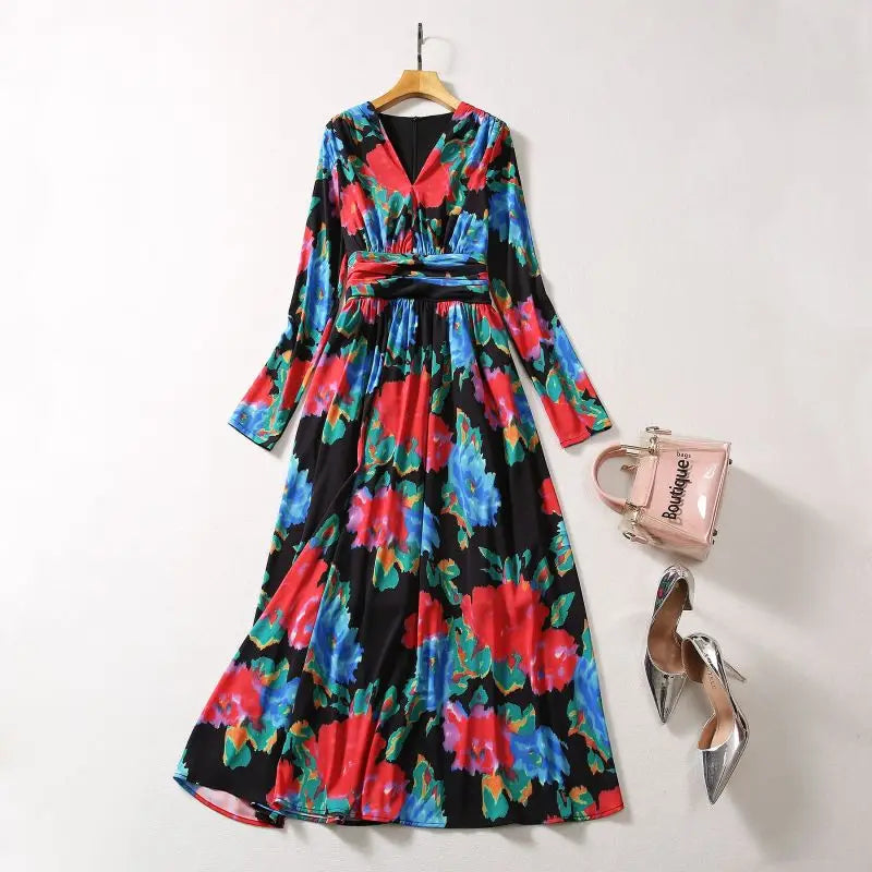 Macy Princess Kate Dress 2024 Women Casual Dress Long Sleeves V-Neck Floral Print Elegant Long Party Dresses