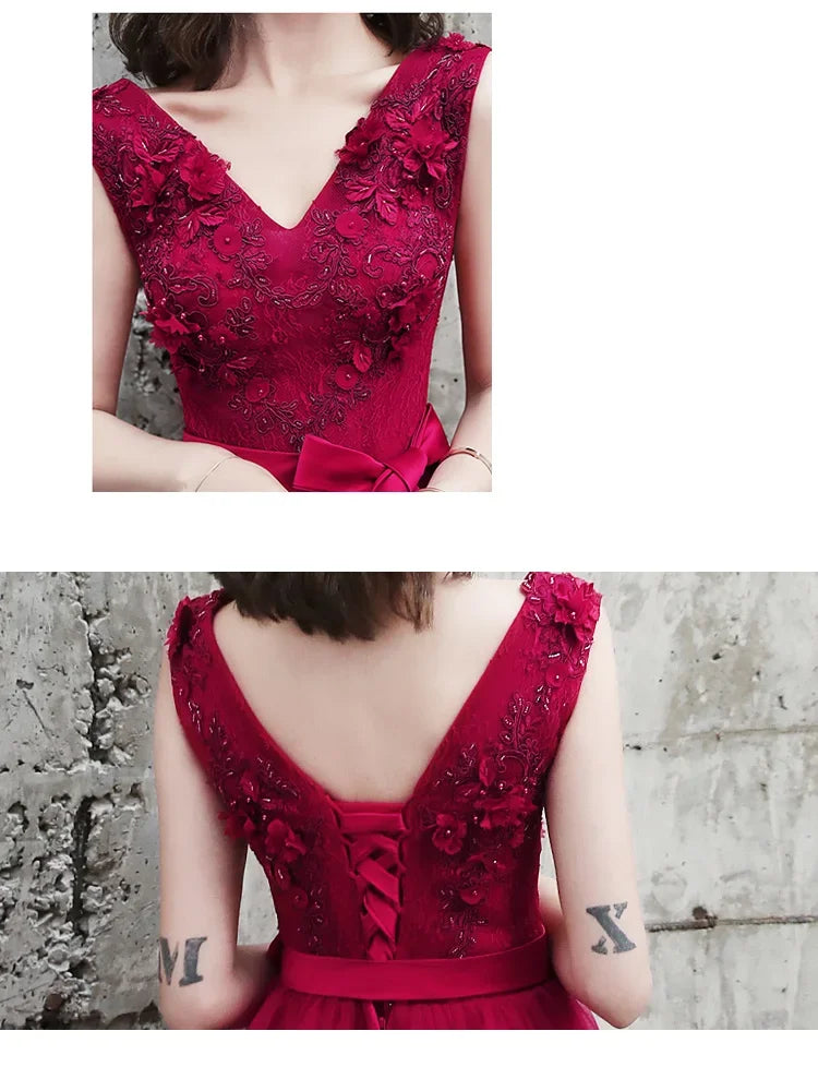 Babs Dresses Burgundy Tulle Beads Floral V-Neck Plus Size A-line Tiered Tea-Length Plus size Woman Party Gowns Robe E832
