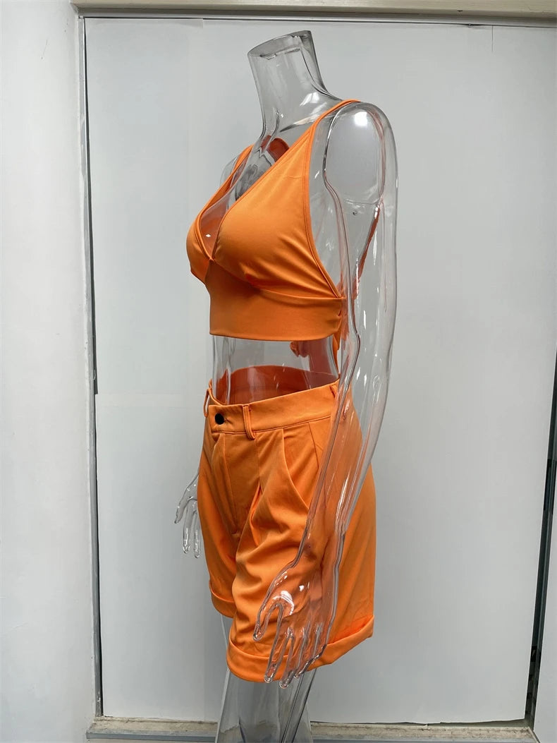 Women Spring Summer 2022 New Suit Solid Color 2 Pieces Sets Sexy Slim Tube Top And High Waist Shorts Tracksuits Shorts And Vest