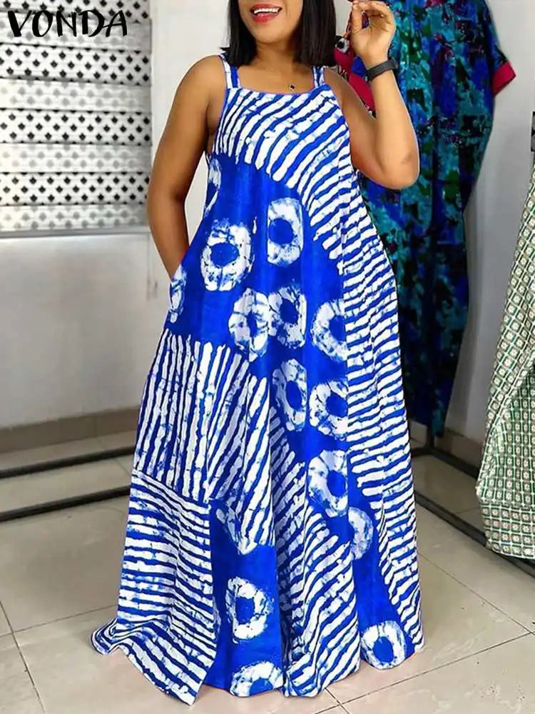 Maxy Plus Size 5XL VONDA Bohemian Printed Maxy Dress Summer Sleeveless Party Beach Sundress Tank Long Casual Loose Robe