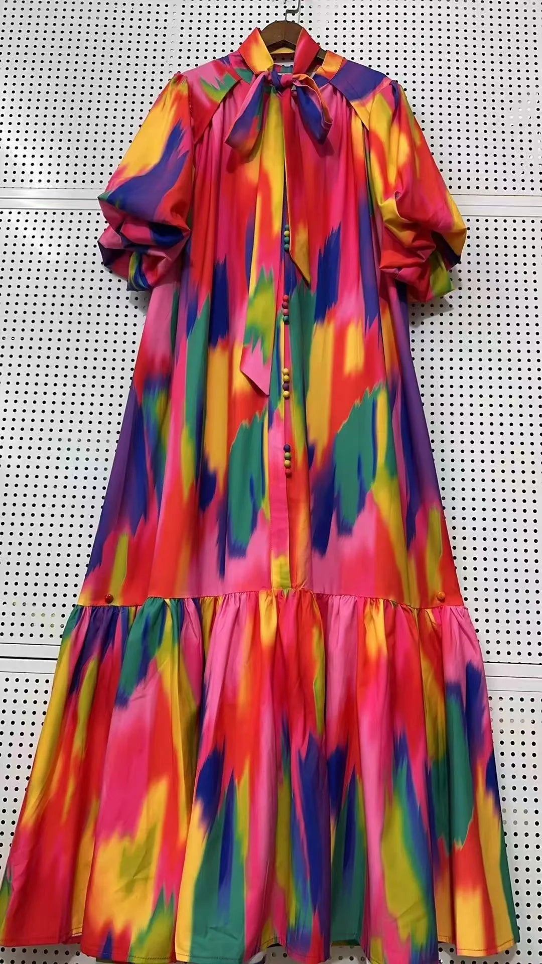 Maxy Elegant single-breasted bubble short sleeve geometric printing casual loose dress summer ladies temperament lace-up dress