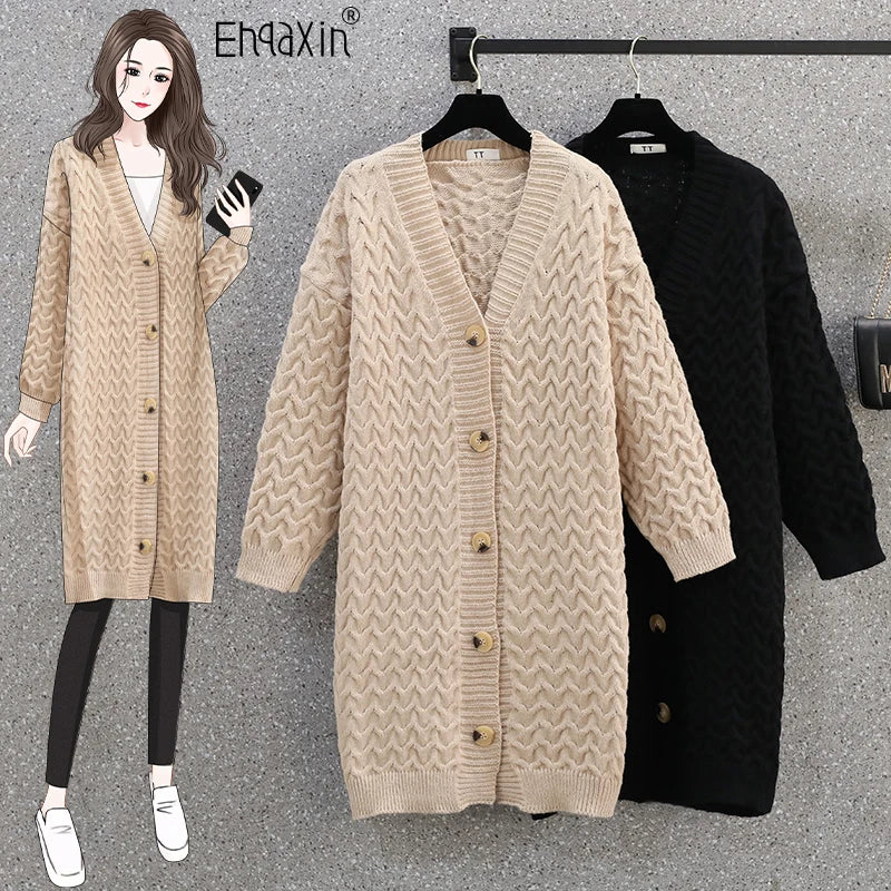 Gacy Winter Ladies Knitted Dresses Fashion Korean V-Neck Long Sleeve Cardigan Sweater Long Coats for Womens L-4XL