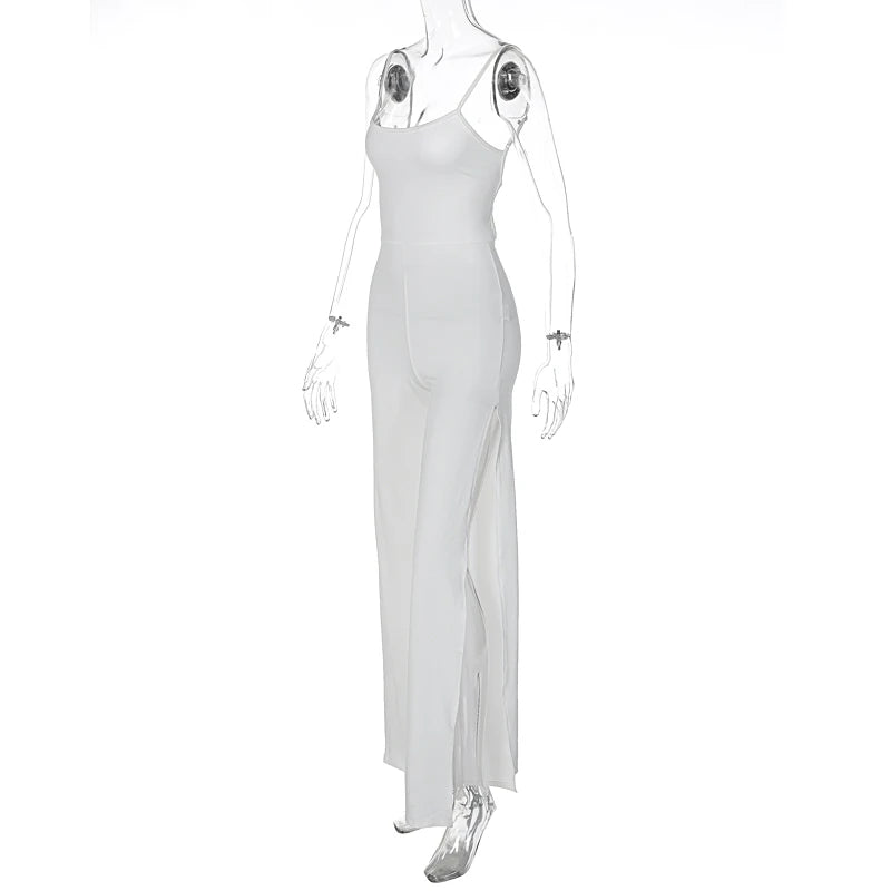 Maxy Summer Women Sexy Y2K Lace Up Backless Strap Rompers Slit Wide Leg Jumpsuit Outfits Vacation Streetwear Overalls