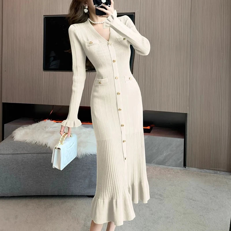 Maxy YuooMuoo Brand Fashion Autumn Winter Knitted Long Dress French Style Letter Buttons Elegant Sweater Dress Lady Office Bodycon