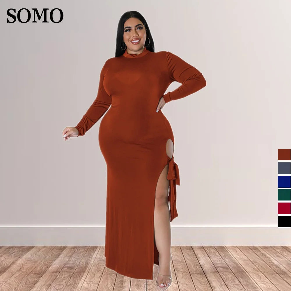 Maxy Plus Size Fall Clothing Women Long Sleeve Fashion High Slit Split Sexy Hollow Out Long Maxy Dress
