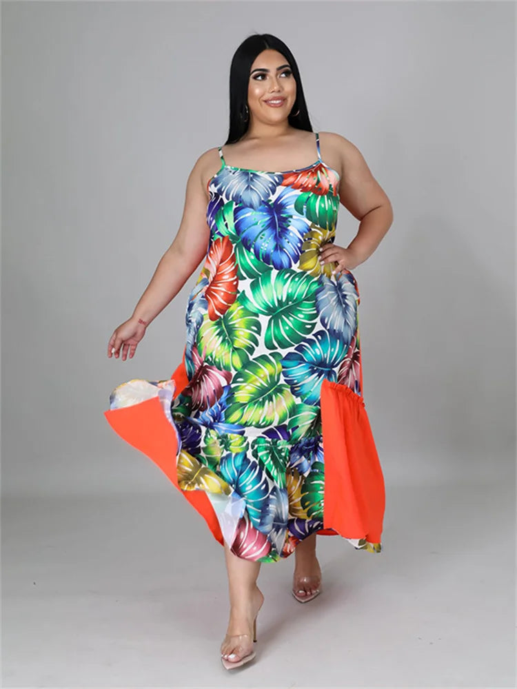 Maxy Plus Size Women Clothing Dress Summer 2024 Patchwork Flower Print Dress Slip Maxy Dresses