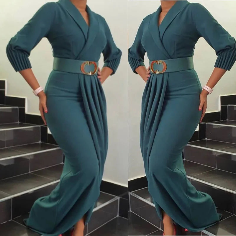 Maxy Elegant Office Ladies Dresses Women Fall Clothes Plus Size Long Sleeve Slim 3XL Dresses With Belt