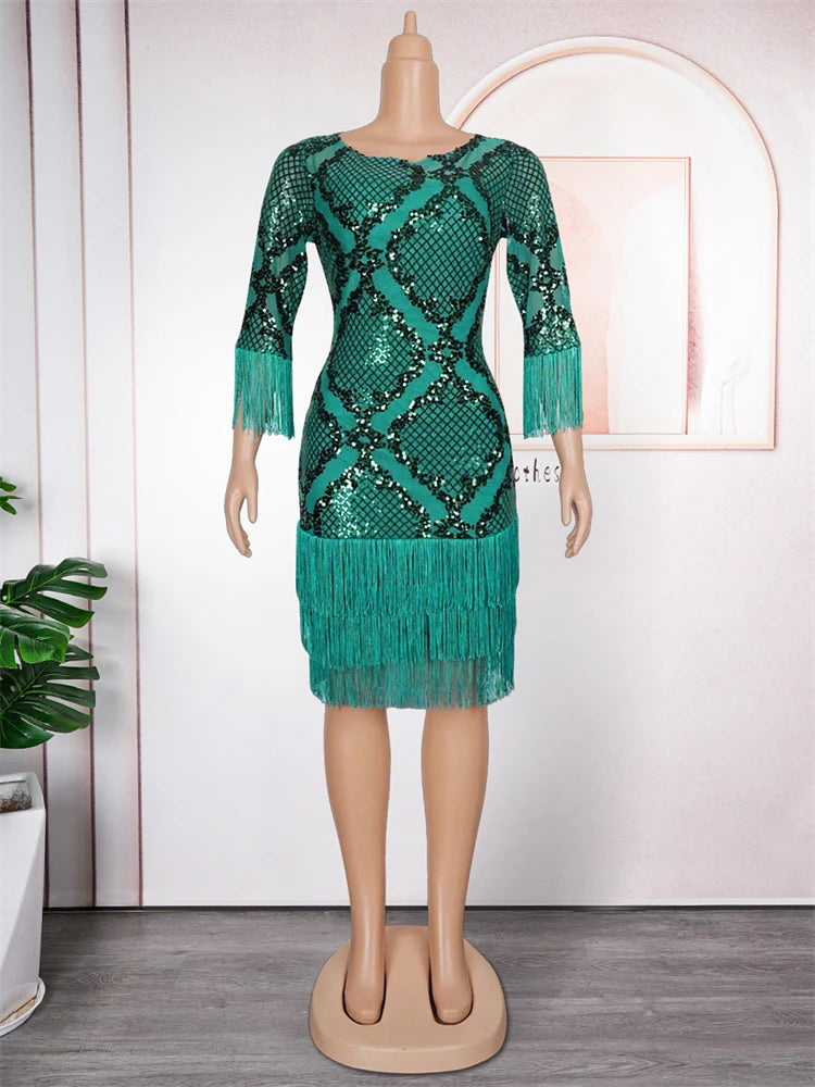 Babs Elegant Sequin Dresses for Women African Clothing Wedding Party Evening Gown Dashiki Tassel Bodycon Robe Dubai Turkey Dress