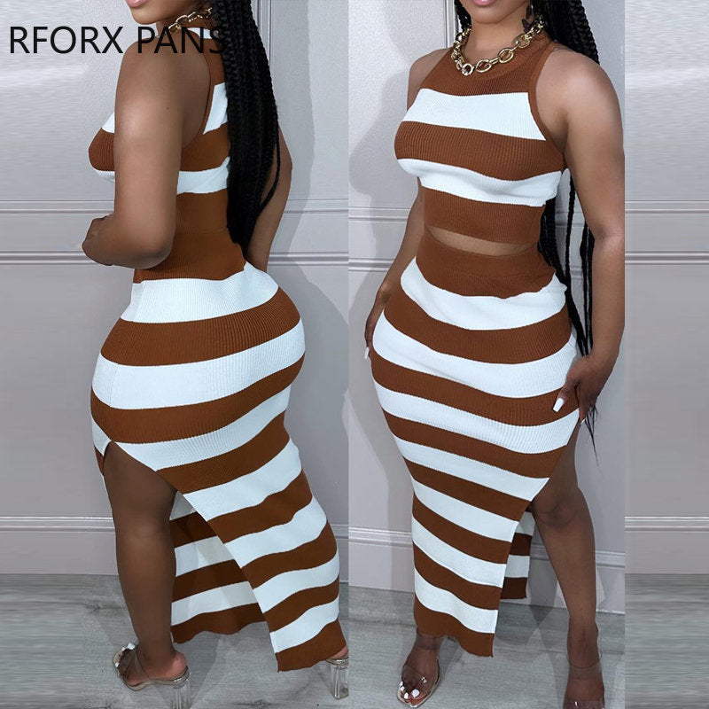 Women Sexy Striped Sleeveless All Over Print High Silt  Maxi Vacation Sexy Knitting Skirt Sets