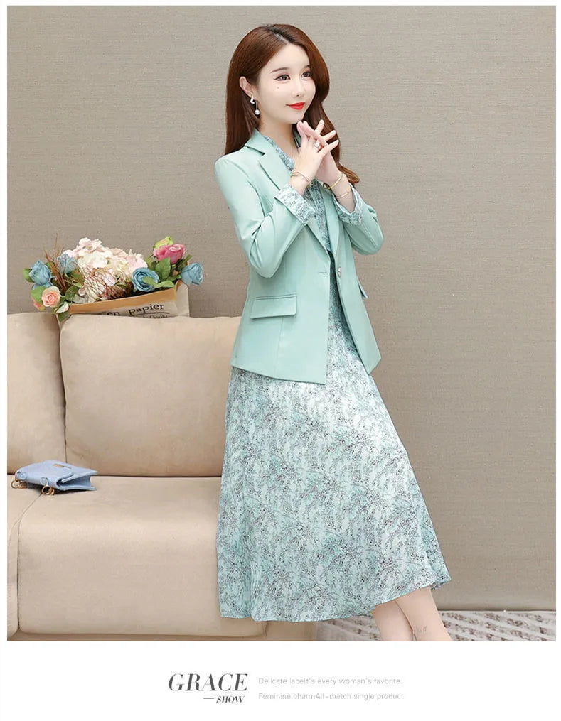 Korean Babs Elegant Suit Jacket Dress Set Women's Autumn New Fashion Blazer Coat Chiffon Floral Dresses Two Piece Female Clothing