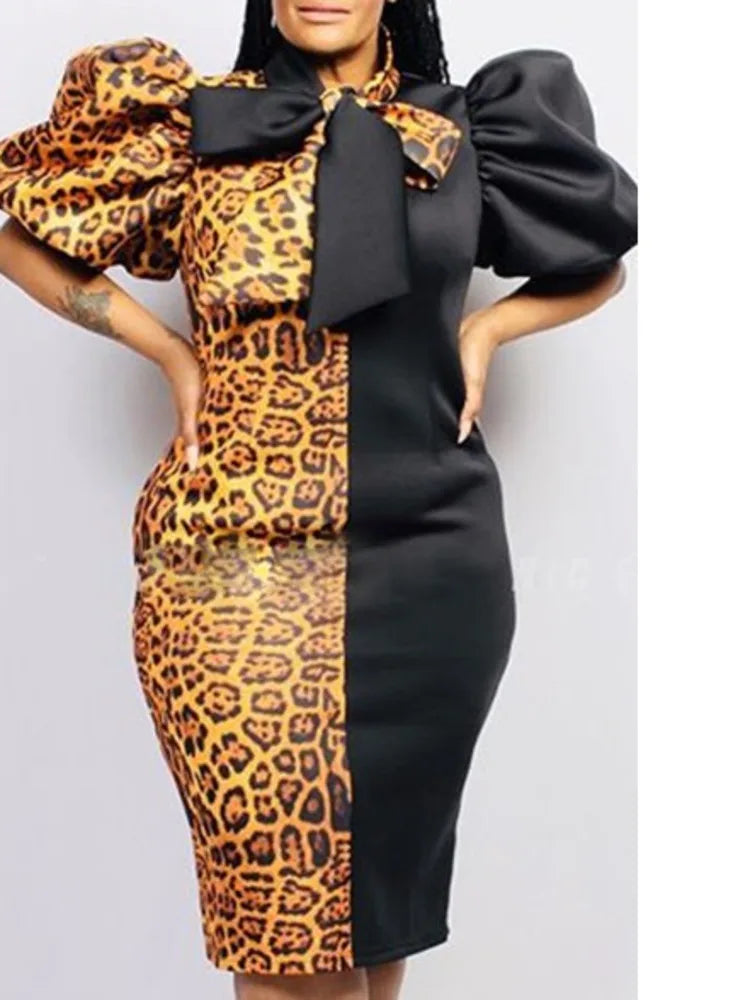 Maxy Party Dresses Fashion Women's New Color Contrast Leopard Print Fat Women's Fat Women's Bubble Sleeves African Dress