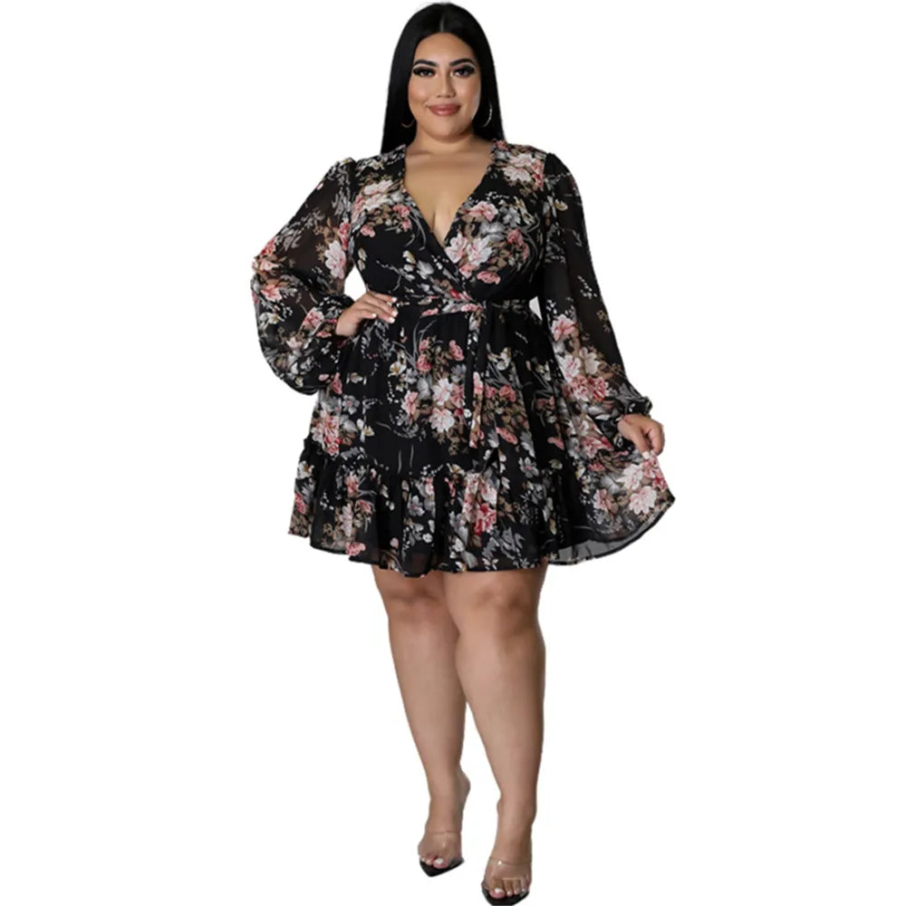 Maxy Dresses Women Plus Size 5xl Sexy Party Flower Print Mini Dress Loose Elegant Casual Outfits