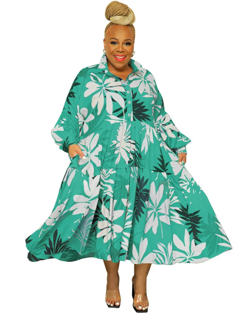 Maxy Plus Size Women Clothing Dresses Xl-5xl Flower Printed Long Sleeve Shirts Elegant Dress.