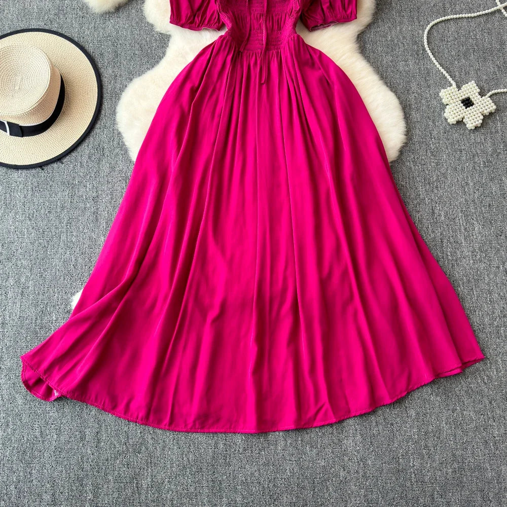 Babs Chic Elegant Square Collar Macy Dress Women Solid Short Puff Sleeve Dresses 2024 Korean Fashion Vintage Ruffle Vestidos