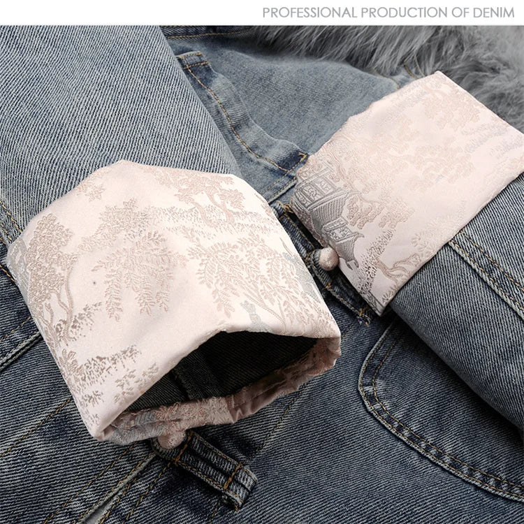 Maxy Natural Fox Fur Collar Rabbit Hair Liner Denim Jacket Women Cowboy Outwear Winter Thick Vintage Slim Short Jeans Jacket Female