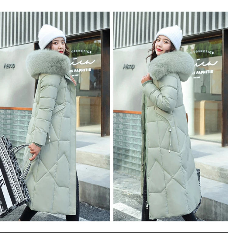 New Korean Gracy Down Cotton Coat Women Long Winter Puffer Parkas Thicken Warm Hooded Cotton-Padded Jacket Coat Zipper Overcoat