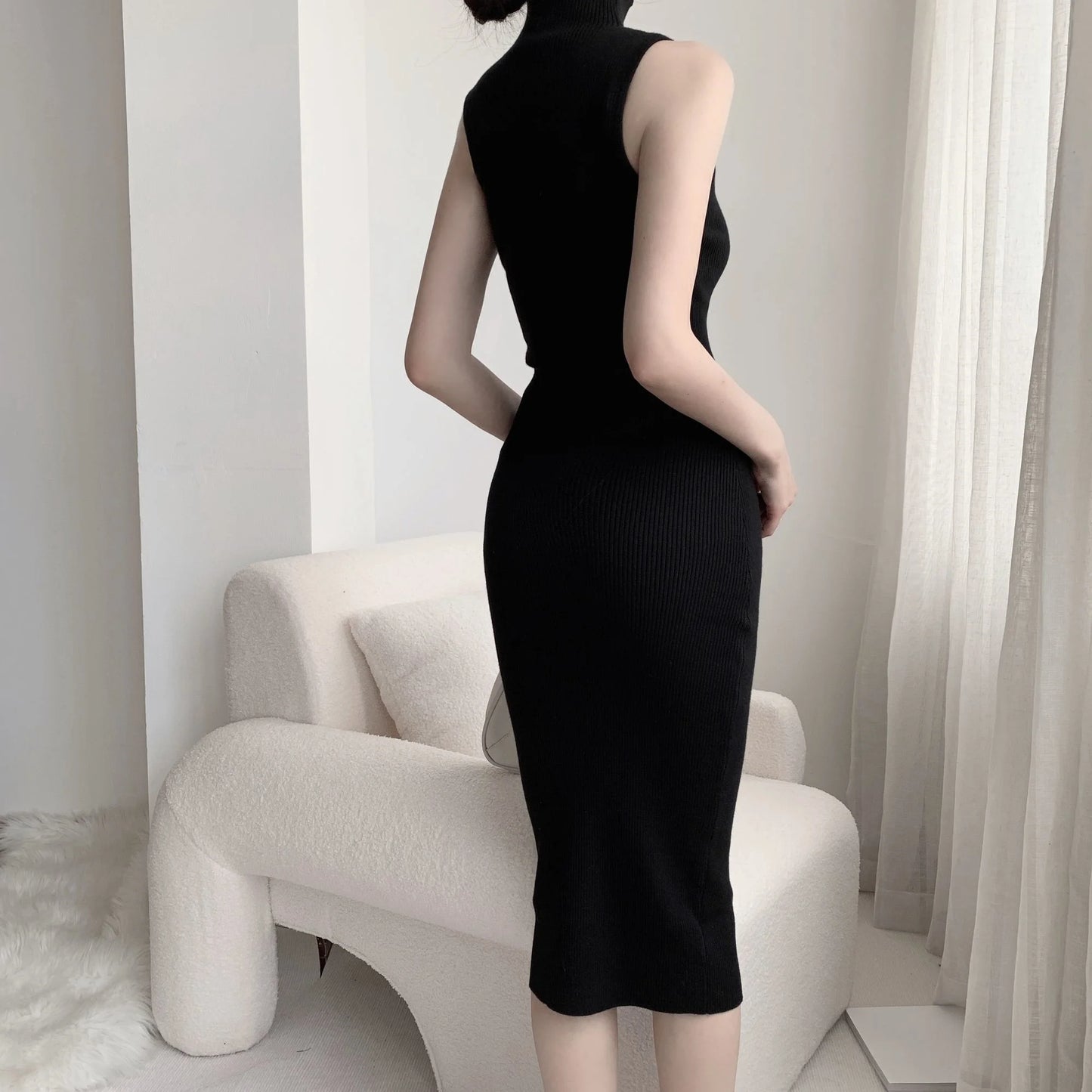 Maxy WOMEN GAGA French Turtleneck Sleeveless Knitted Dress Women Autumn Slim High Waist Mid Length Slim Hip Wrap Dresses Tops DH8G