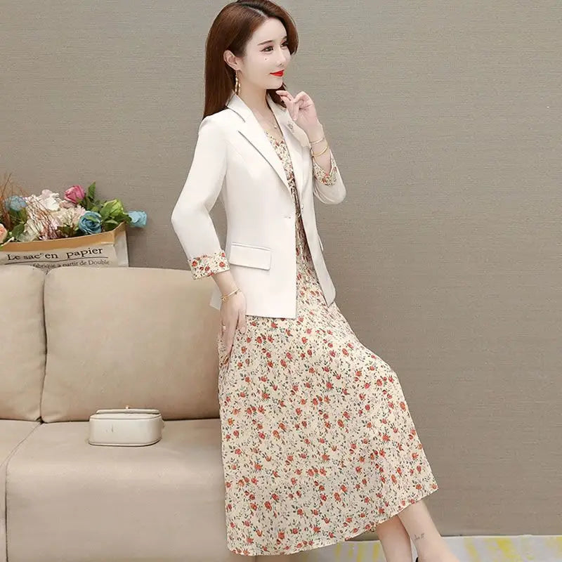 Maxy Women's Dress Set Spring Summer New Fashion Floral Suit Jacket+chiffon Skirt Two-piece Korean Casual Blazers Matching Sets