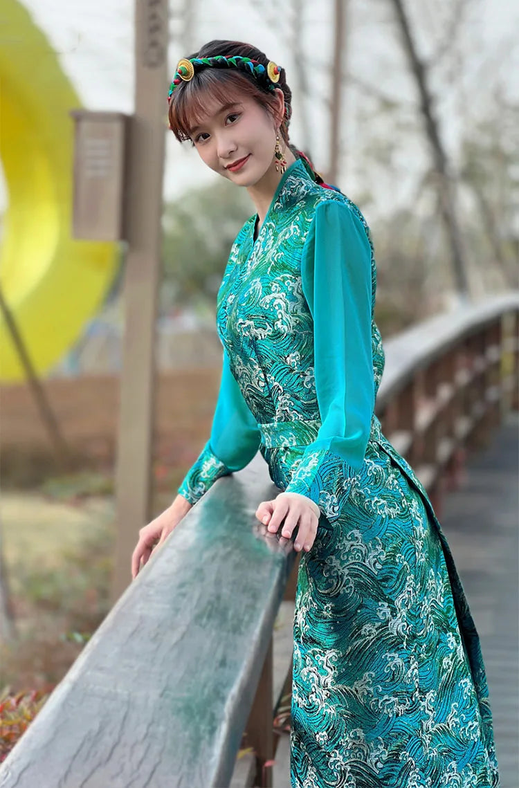 Summer Elegant Asian costume Tibetan Dress For Women Long Sleeve Traditional Ethnic clothing Oriental Ladies gown