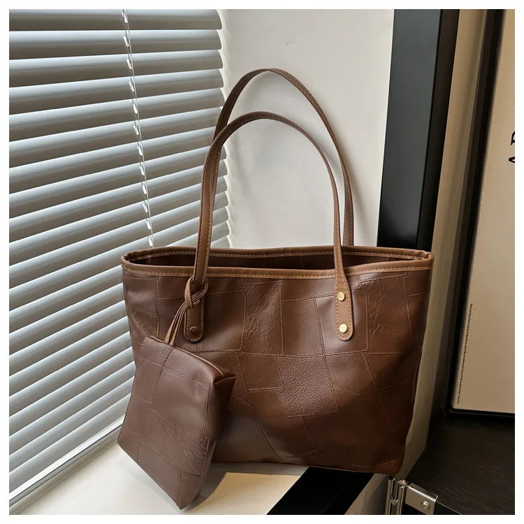 Maxy Vintage Patchwork PU Leather Casual Tote Bags for Women, Large Capacity Shoulder Bag Ladies Handbags And Purses