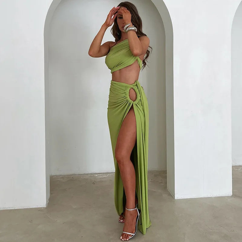 Maxy Hollow Out Sexy Two-Piece Set Women One Shoulder Crop Top and Skirt Matching Sets Femme Bodycon Skirt Sets