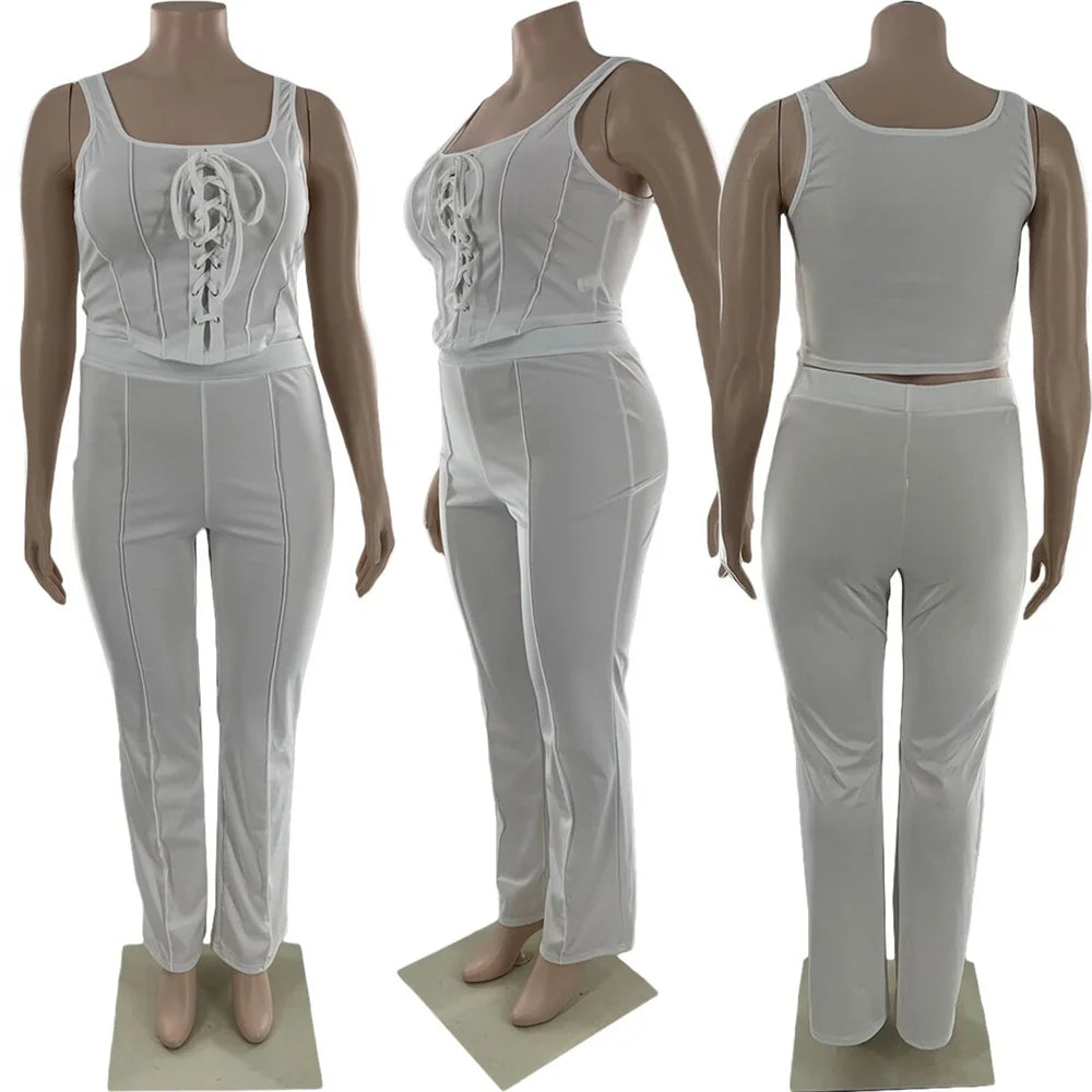 Maxy Plus Size Women Clothing 2 Piece Outfits Summer Bandage Top Flared Pants Fashion Matching Sets