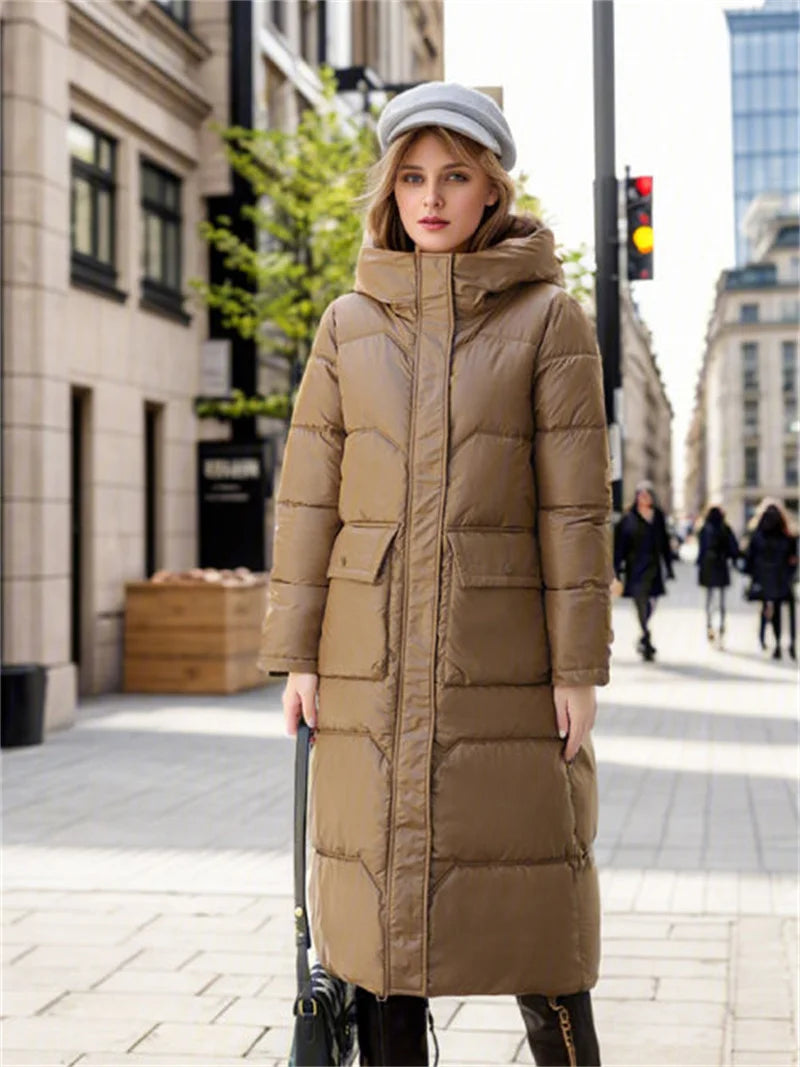 Momsey 2024 New Thicken Snow Parkas Fashion Windproof Glossy Down Cotton Hooded Women Jacket Winter Loose Long Coat Ladies Outwear