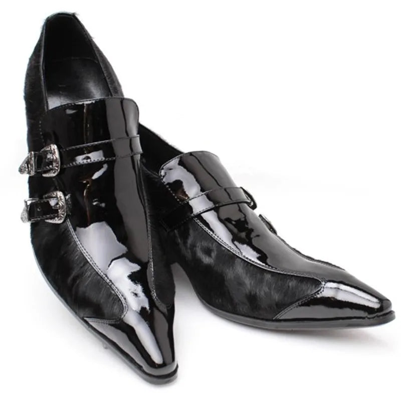 Visco Italian Style Pointed Toe Buckle Men Business Office Leather Shoes Wedding Party Gentleman High Heel Dress Shoes