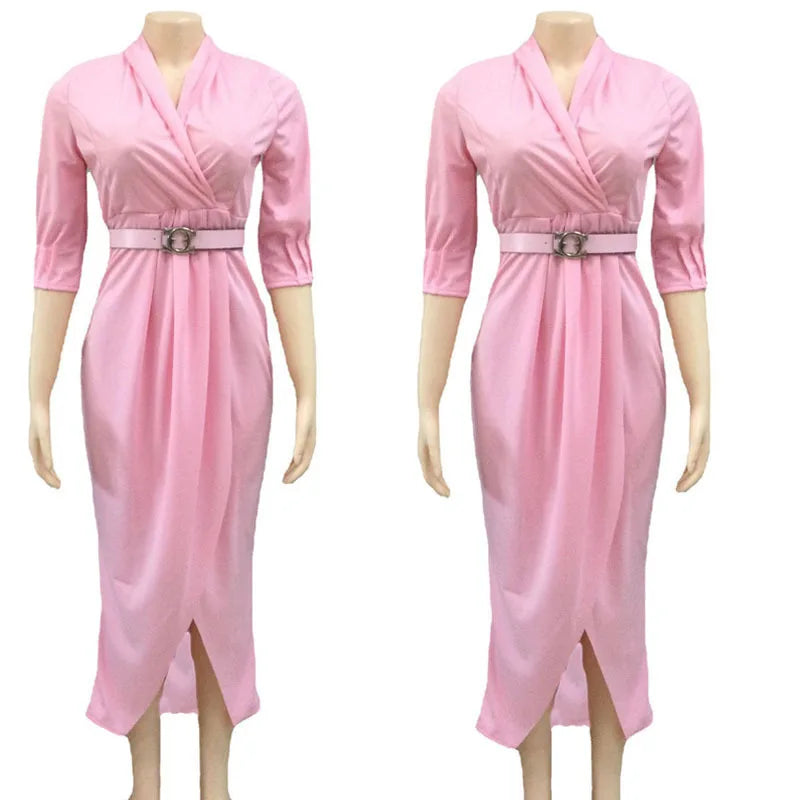 Maxy Elegant Office Ladies Dresses Women Fall Clothes Plus Size Long Sleeve Slim 3XL Dresses With Belt