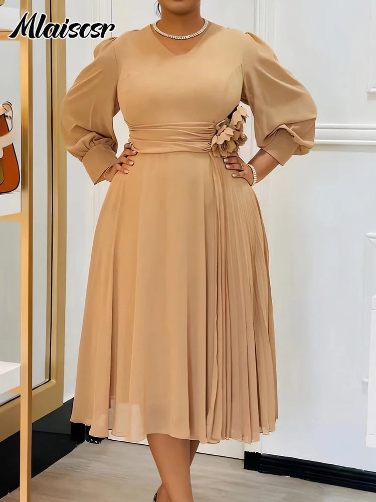 Maxy Elegant Pink A Line Loose Mid Dress for Women V Neck 3D Flower Design Puff Sleeve Office Evening Birthday dress
