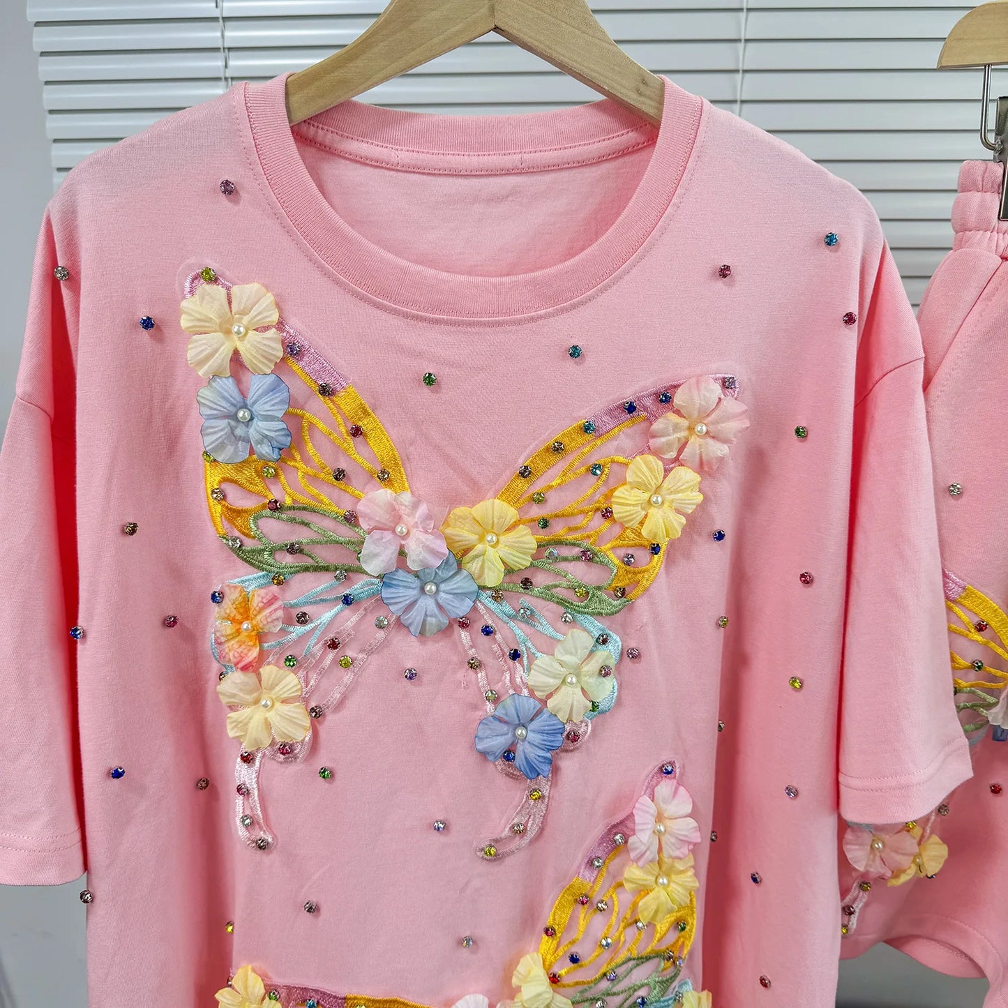 Maxy Fashion Butterfly Floral Beading Women's Set T-shirt and Shorts 2025 Summer Active Two 2 Piece Sets Outfit Tracksuit