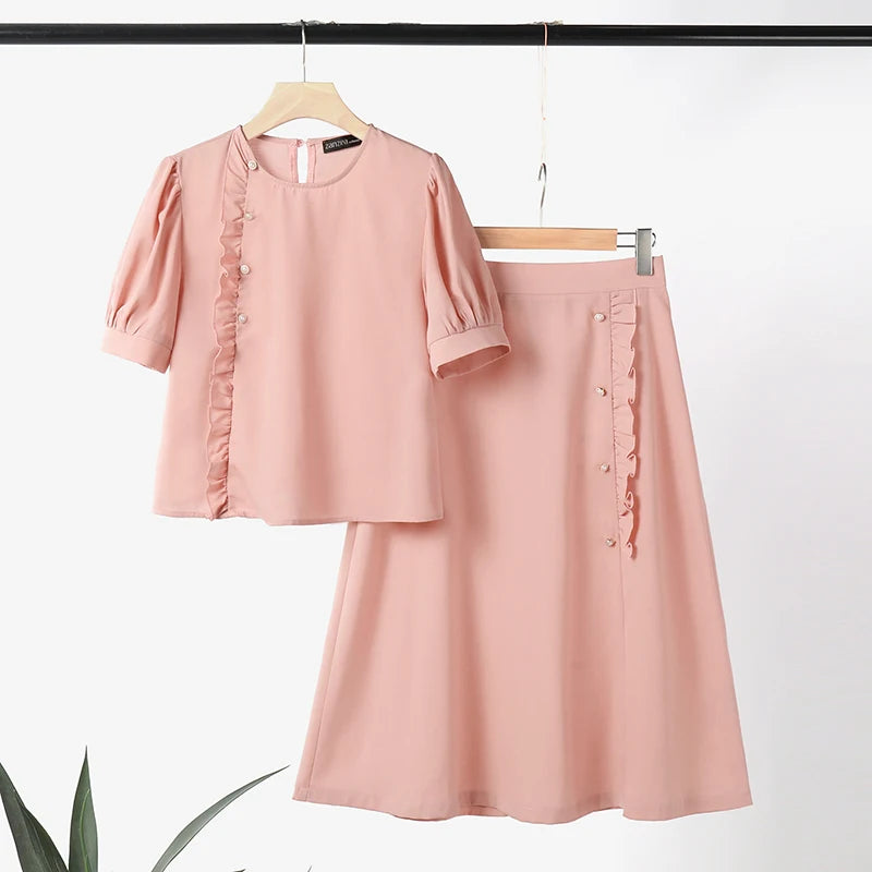 Maxy ZANZEA Vintage 2PCS Ruffled Dress Sets Women Buttons Outfits Summer Short Sleeve Tops Suit Casual Office Long Skirt Sets