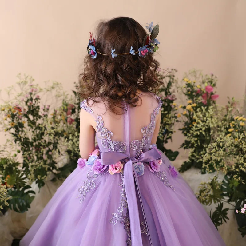 Macy Princess Kid Girls Prom Elegant Dress Tulle robe de Princess Tutu Piano Costume Purple Birthday Party Christmas Easter Host Dress Clothes