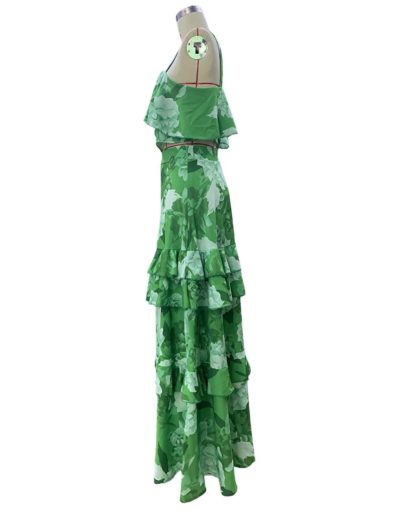 Maxy 2 Piece Set Women Stylish Floral Elegant Printed Sleeveless Short Top+Loose High Waist Pleated Long Skirt Sets