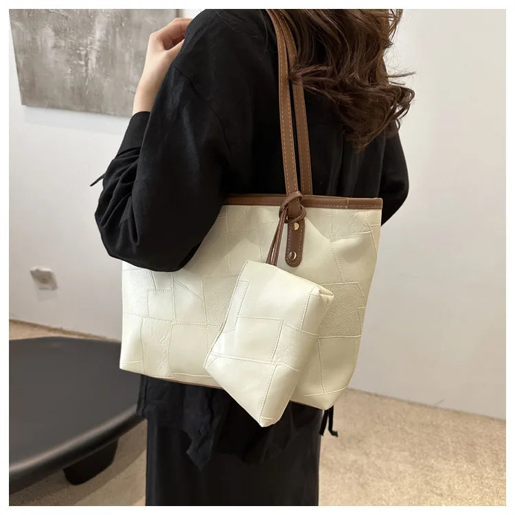 Maxy Vintage Patchwork PU Leather Casual Tote Bags For Women, Large Capacity Shoulder Bag Ladies Handbags And Purses