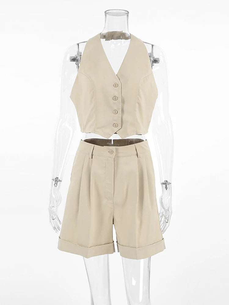 Maxy Spring Summer Women Office Shorts Suit Set Solid Khaki Sleeveless Halter Outfit 2 Piece Matching Sets For Women