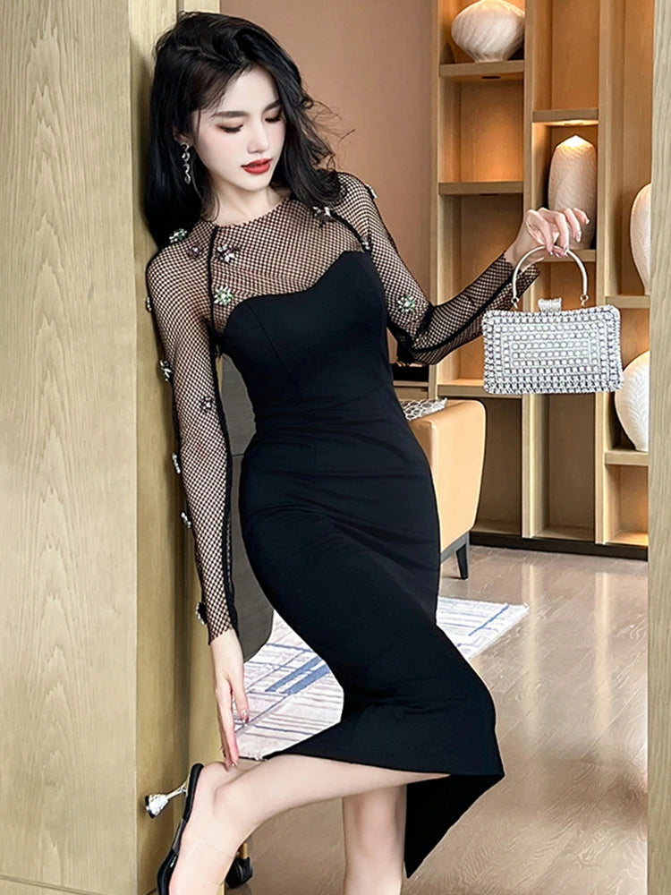 Babs Winter Chic Black Evening Dress Women Ladies Clothes Hollow O-Neck Bodycon Midi Gown Robe Mujer Stretchy Vestidos Fiesta