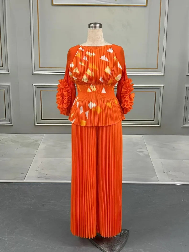 Maxy Pleated Print Pants Set Women O-Neck 3D Flowers T Shirt + Wide Leg Trousers Loose New 2025 Female Two Piece Sets