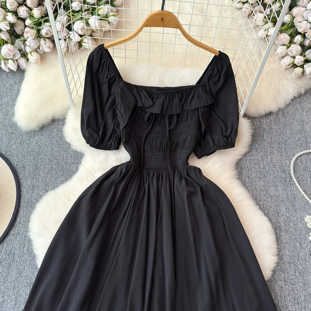 Babs Chic Elegant Square Collar Macy Dress Women Solid Short Puff Sleeve Dresses 2024 Korean Fashion Vintage Ruffle Vestidos