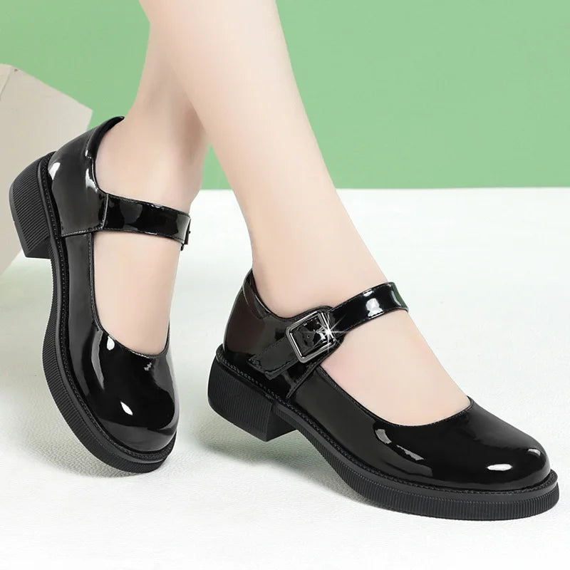 Maxy 3.5cm Breathable Shallow Mouth Bright Leather Shoes Women Mary Janes 2025 Fall Med Square Heels Sheos Black for Office Mom
