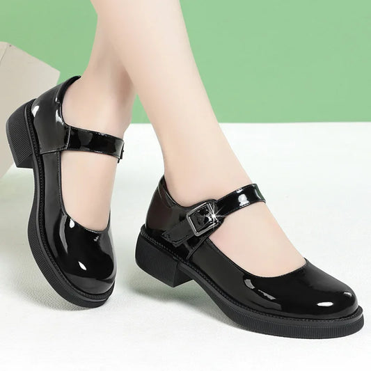 Maxy 3.5cm Breathable Shallow Mouth Bright Leather Shoes Women Mary Janes 2025 Fall Med Square Heels Sheos Black for Office Mom
