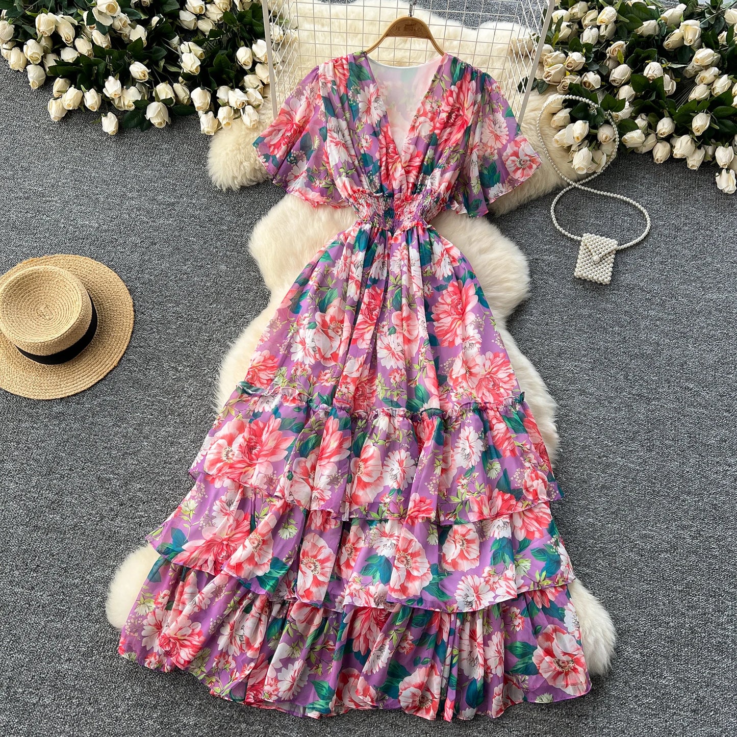 Maxy v neck Butterfly sleeve print elegant summer Dress A-line Flare Sleeve Vacation print Women dresses