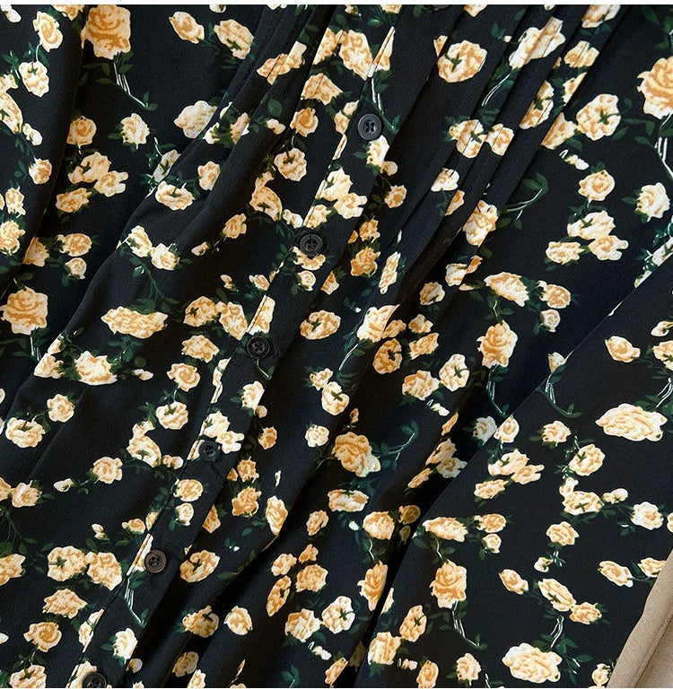 Momsey150Kg Plus size Women's Bust 150 Spring Autumn New Loose Long-Sleeved Lapel Floral Shirt-Dress Black 5XL 6XL 7XL 8XL 9XL